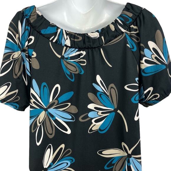 Ann Taylor Loft Blue Black Floral Shift Style Jersey Knit Stretch Dress sz Small - Picture 12 of 16